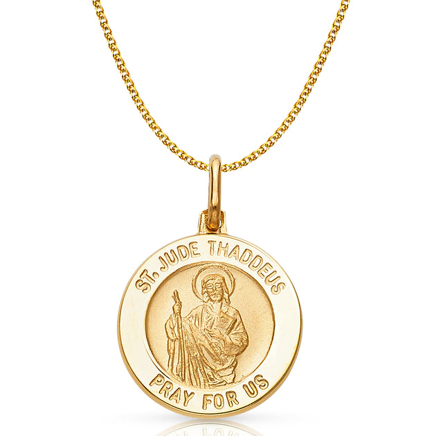 14K Gold St. Jude Thaddeus Pray For Us Pendant with 1.5mm Flat Open Wh ...