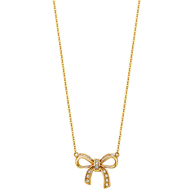 【Numbering】関税/送料込み Large Ribbon Necklace 14K Gold Ribbon Bow CZ Pendant Charm Chain Necklace - 17+1