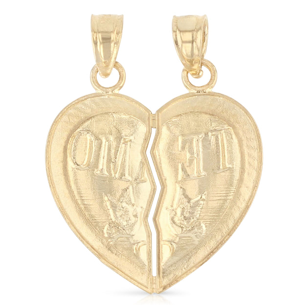 14K Gold 'Te Amo' Couple Broken Heart Pendant with Flat Open Wheat  Chain