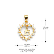 14K Gold Heart 15 Years Birthday Quinceanera CZ Charm Pendant