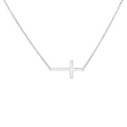 14K Gold Plain Side Way Cross Pendant Charm Chain Necklace - 17+1'