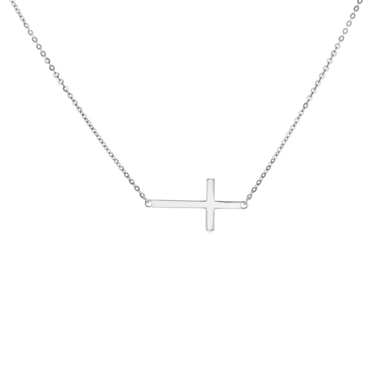 14K Gold Plain Side Way Cross Pendant Charm Chain Necklace - 17+1'