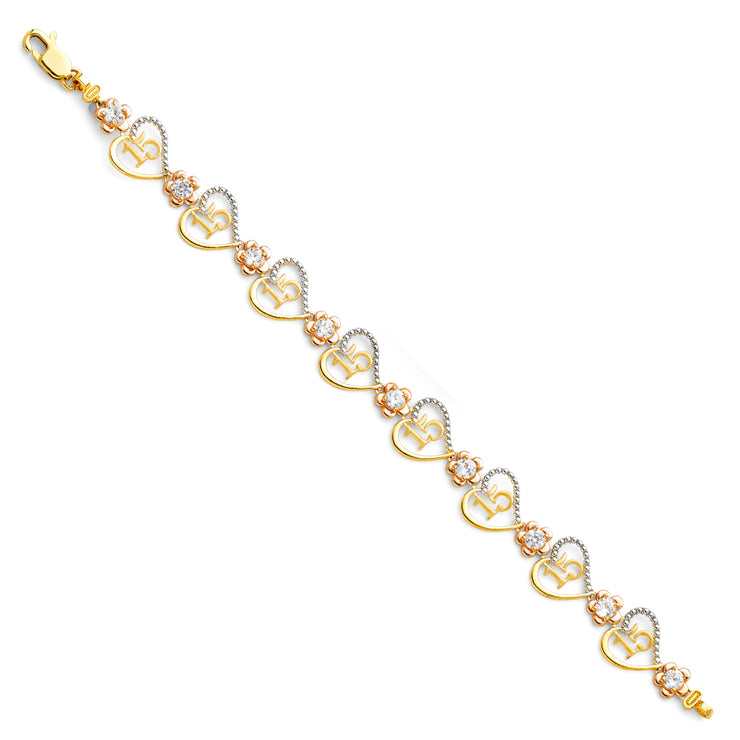 14K Gold Hearts Links 15 Years Flowers Bracelet - 7.25'