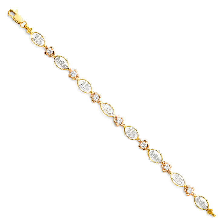 14K Gold Oval Links 15 Anos Flowers Bracelet - 7.25'