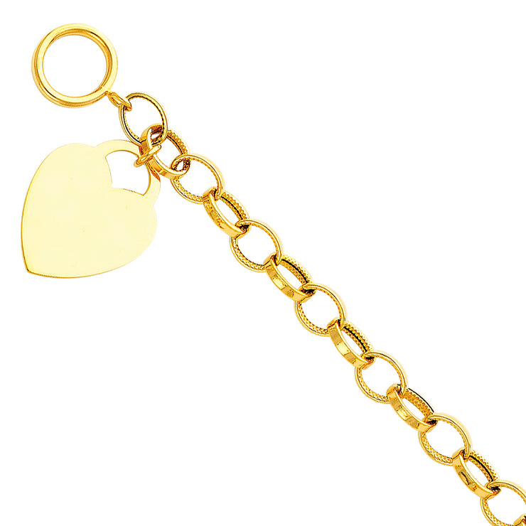 14K Solid Gold Light Hollow Bracelet with Heart Pendant - 7.5'