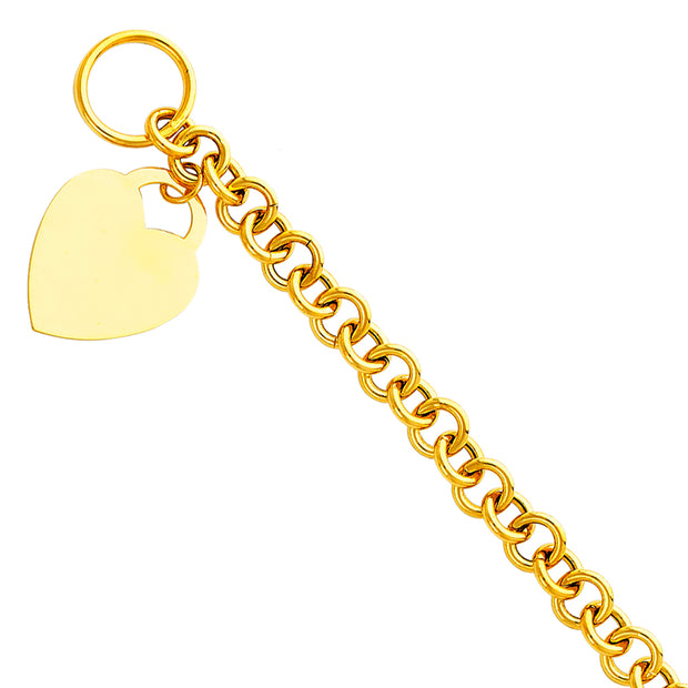 14K Solid Gold Light Hollow Bracelet with Heart Pendant - 7.5'