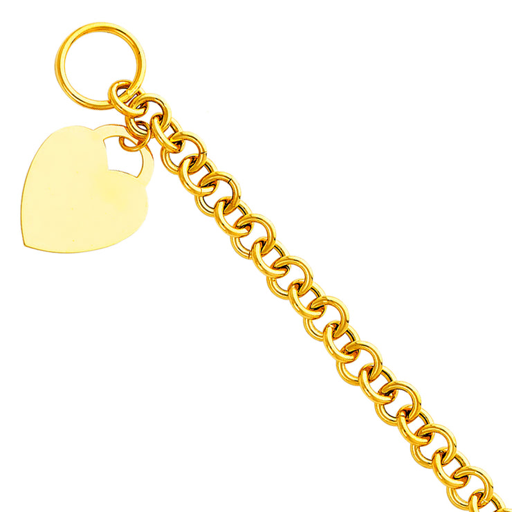 14K Solid Gold Light Hollow Bracelet with Heart Pendant - 7.5'
