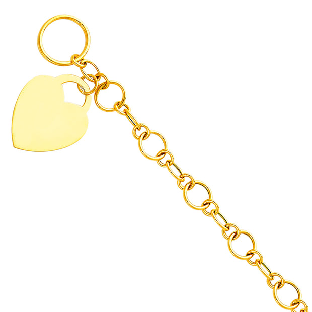 14K Solid Gold Light Hollow Bracelet with Heart Pendant - 7.5'