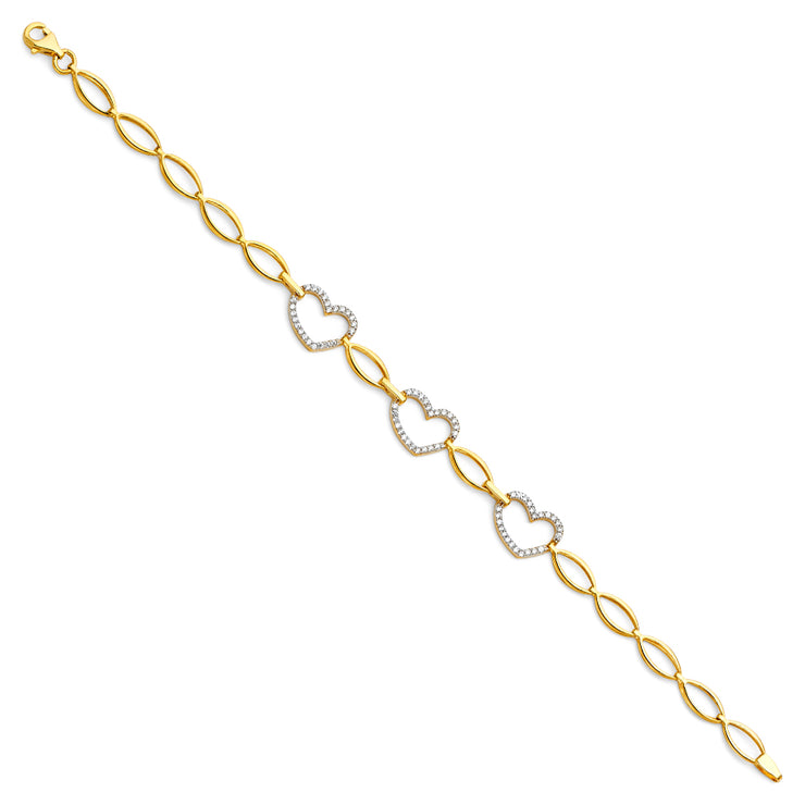 14K Solid Gold CZ Hearts Bracelet - 7.25'