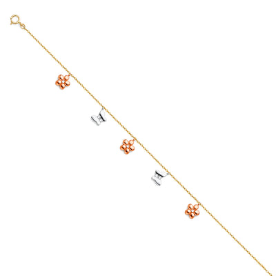 14K Gold Hanging Flower & Butterfly Charm Bracelet - 7+1'