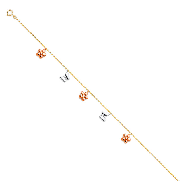 14K Gold Hanging Flower & Butterfly Charm Anklet - 9+1'