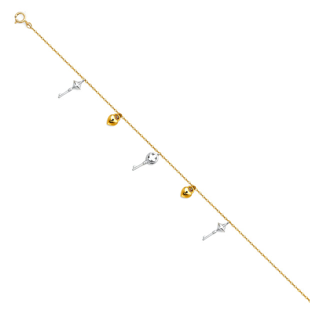 14K Gold Hanging Key to Heart Charm Bracelet - 7+1'