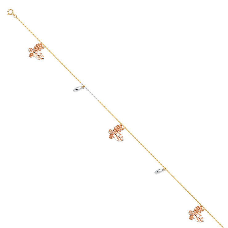14K Gold Hanging Butterfly Charm Anklet - 9+1'