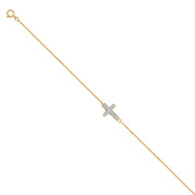 14K Solid Gold Light CZ Cross Chain Bracelet - 7+1'