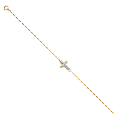 14K Solid Gold Light CZ Cross Chain Bracelet - 7+1'