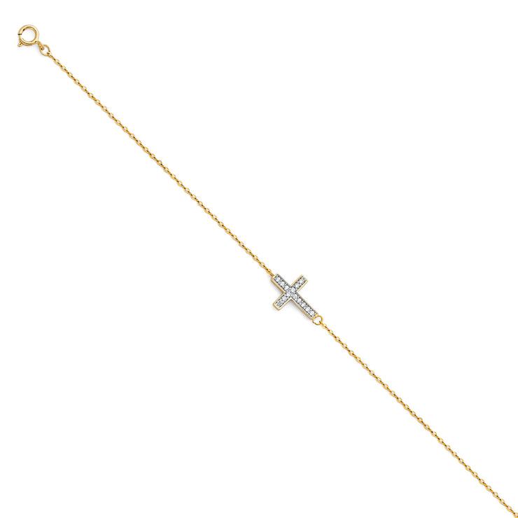 14K Solid Gold Light CZ Cross Chain Bracelet - 7+1'