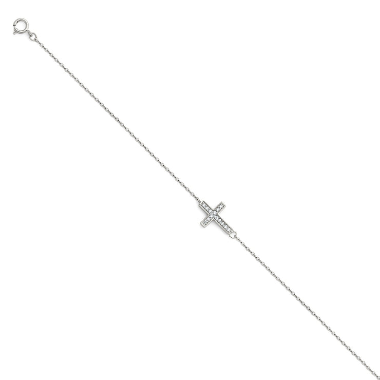 14K Solid Gold Light CZ Cross  Chain Bracelet - 7+1'
