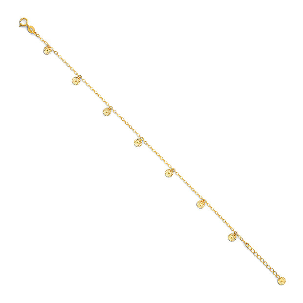 14K Solid Gold Light Round Disc Bracelet - 7+1'