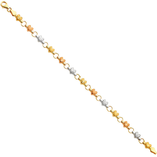 14K Gold Light Enamel Hearts Bracelet  - 7.25'