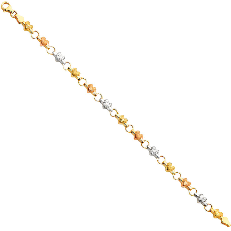 14K Gold Light Enamel Hearts Bracelet  - 7.25'