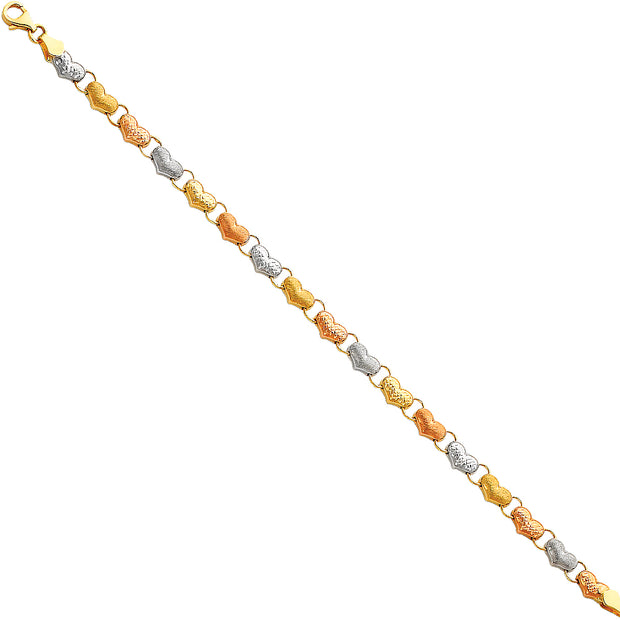 14K Gold Light Stampato Hearts Bracelet - 7.25'