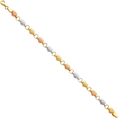 14K Gold Light Stampato Hearts Bracelet - 7.25'