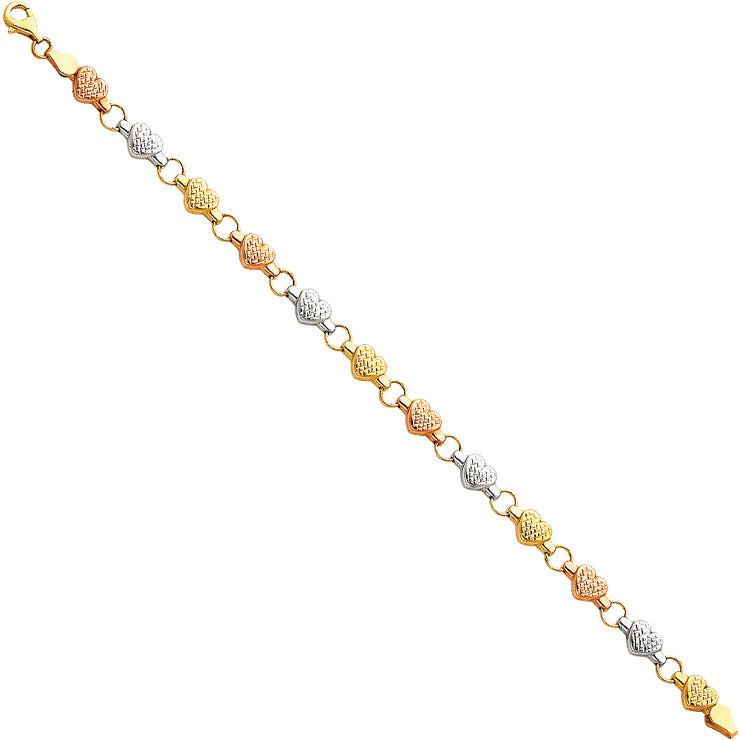 14K Gold Light Stampato Hearts Bracelet - 7.25'