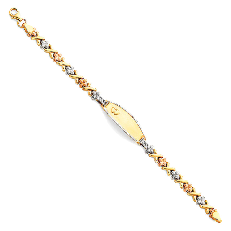 14K Gold Light Stampato Flowers Engravable ID Hugs and Kisses Bracelet  - 6'