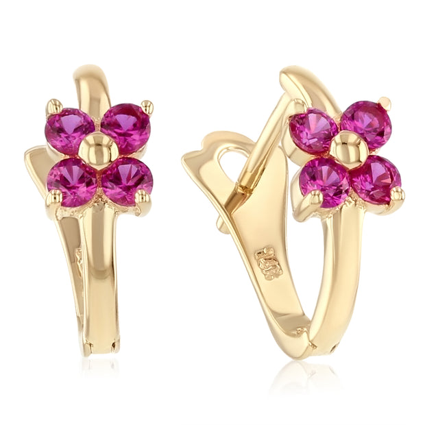 14K Gold Flower CZ Stone Huggie Hoops