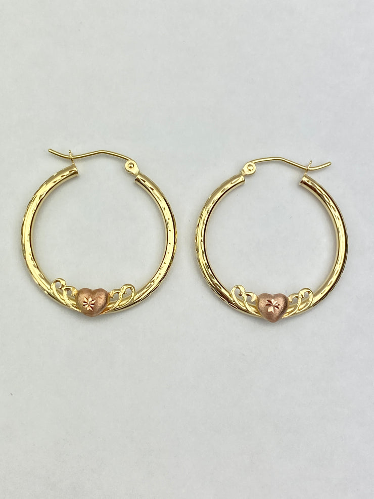 14K Gold 2mm Diamond Cut Hoops with Heart