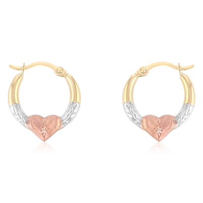 14K Gold 2mm Diamond Cut Shape Hoops with Heart