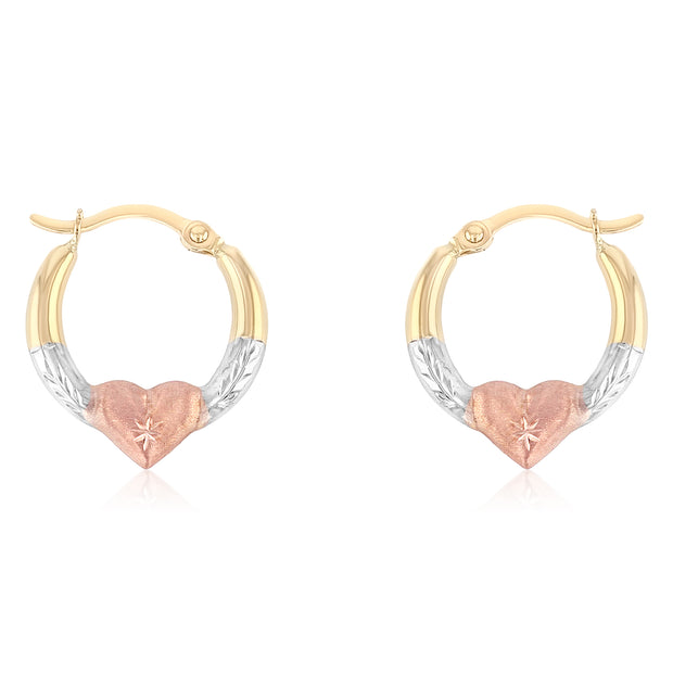 14K Gold 2mm Diamond Cut Shape Hoops with Heart
