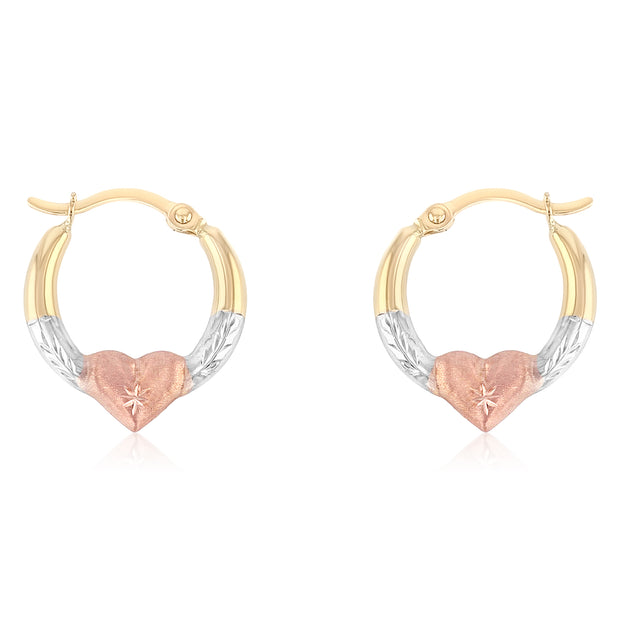 14K Gold 2mm Diamond Cut Shape Hoops with Heart