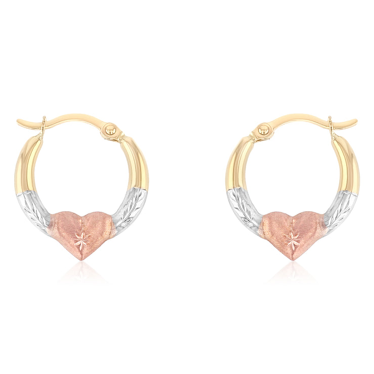 14K Gold 2mm Diamond Cut Shape Hoops with Heart