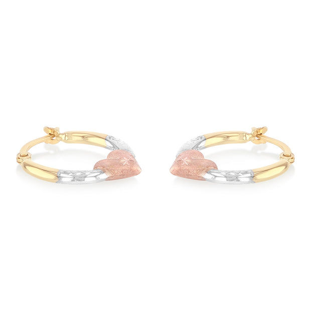 14K Gold 2mm Diamond Cut Shape Hoops with Heart