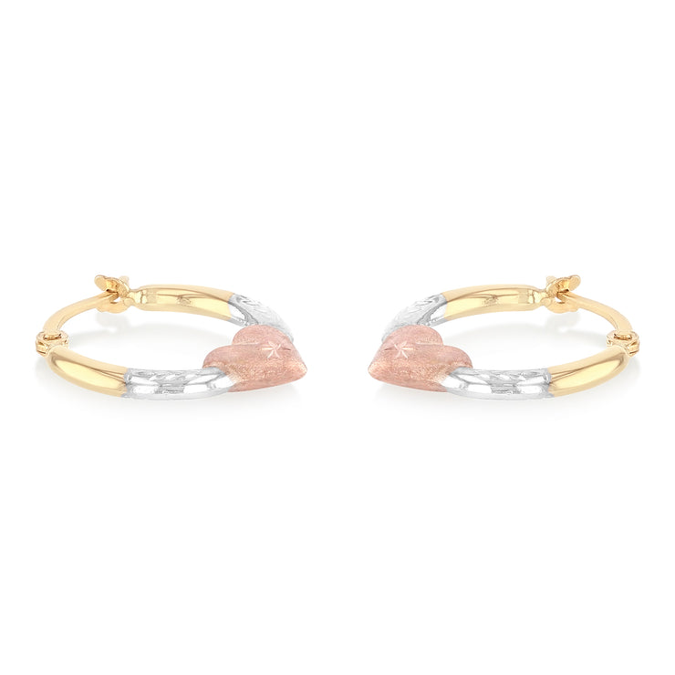 14K Gold 2mm Diamond Cut Shape Hoops with Heart