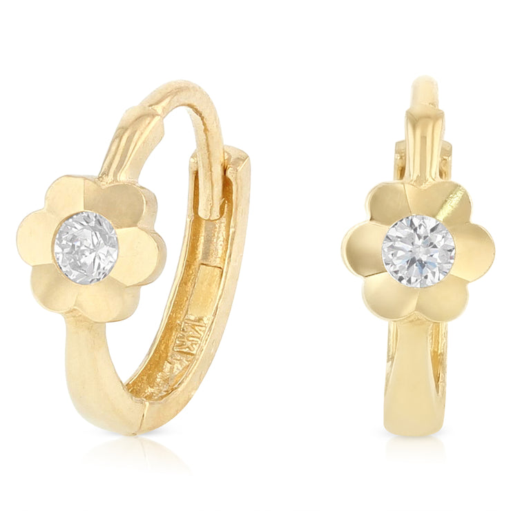 14K Gold CZ Stone Huggie Hoops