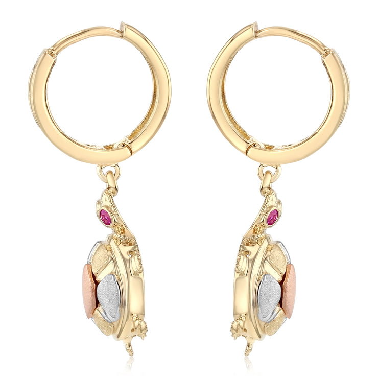 14K Gold CZ Stone Turtle Hanging Huggie Hoops