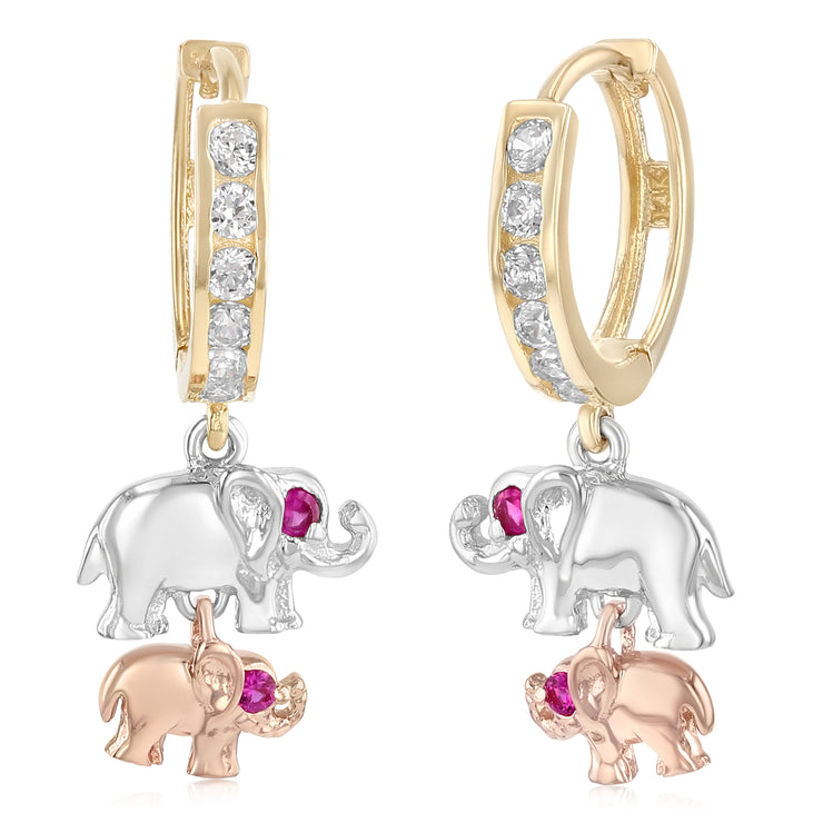 14K Gold CZ Stone Double Elephant Hanging Huggie Hoops