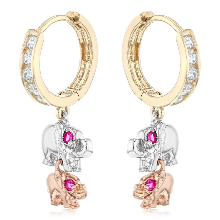 14K Gold CZ Stone Double Elephant Hanging Huggie Hoops