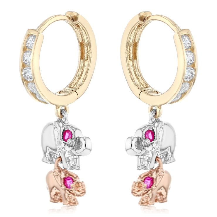 14K Gold CZ Stone Double Elephant Hanging Huggie Hoops