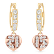 14K Gold CZ Stone 15 Anos Quinceanera Heart Hanging Huggie Hoops