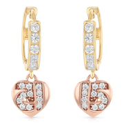 14K Gold CZ Stone 15 Anos Quinceanera Heart Hanging Huggie Hoops