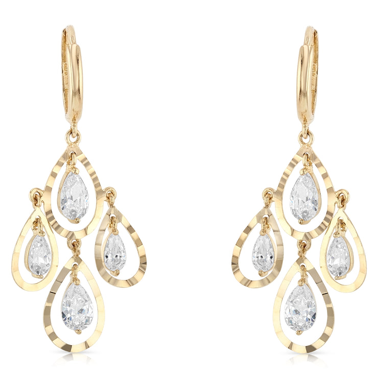14K Gold CZ Stone chandelier Pear Cut Dangle Huggie Hoops