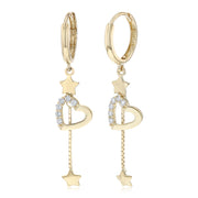 14K Gold CZ Stone Heart Stars Dangle Huggie Hoops