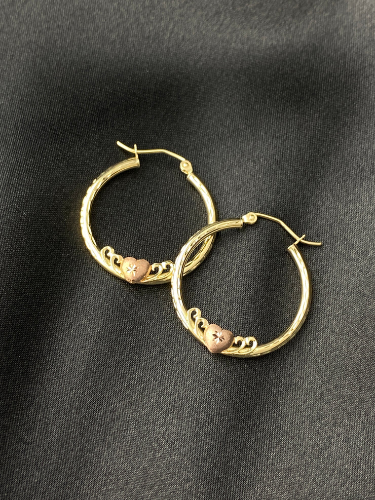 14K Gold 2mm Diamond Cut Hoops with Heart