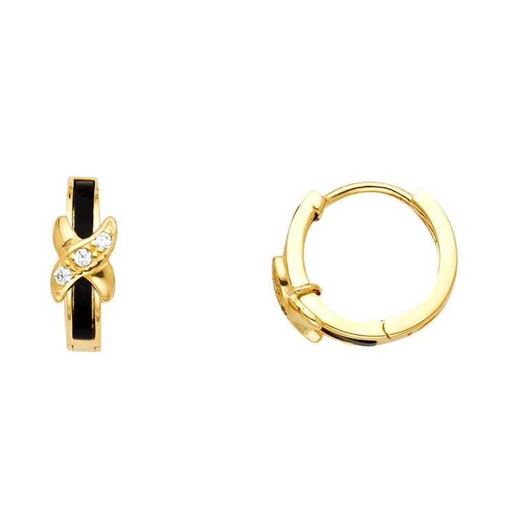 14K Gold Onyx & CZ Stone Huggie Hoops