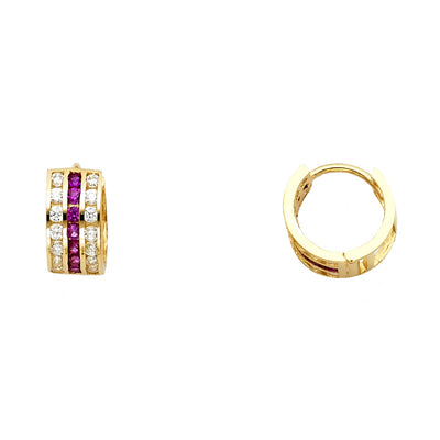 14K Gold Red & CZ Stone Huggie Hoops