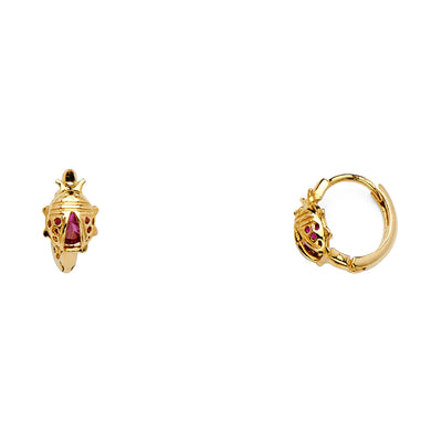 14K Gold CZ Stone Ladybug Huggie Hoops