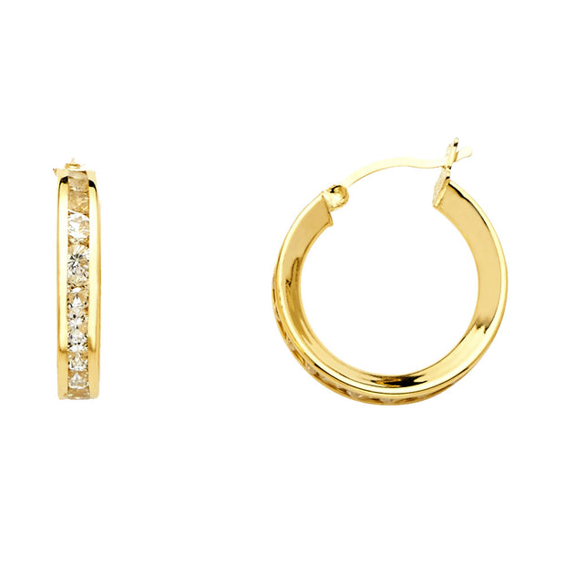 14K Gold RD CZ Stone Channel Hoops